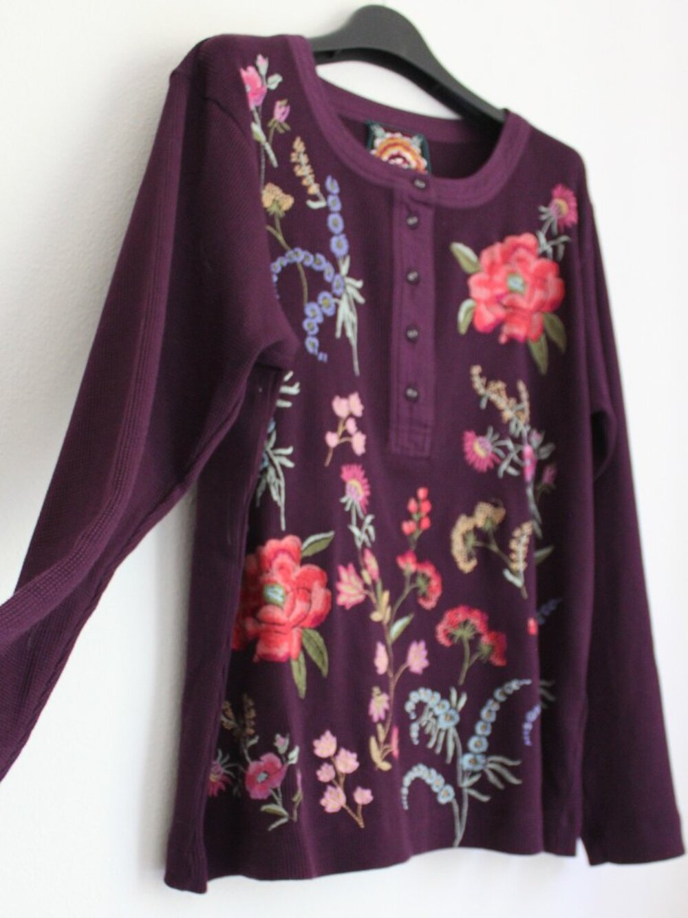 NEW JOHNNY WAS Henley Embroidered Top, Purple, Size L